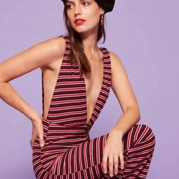 Reformation Vice Deep V Neck Striped Wide Leg Jumpsuit Women’s Petite Size XS - Picture 2 of 14